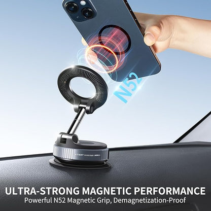 Vacuum Suction Magnetic Phone Holder, 2025 Upgraded Foldable Retractable Suction Cup Car Phone Mount for Magsafe, 360° Adjustable Magnetic Phone Stand for Cars/Gyms/Mirrors/Smooth Surface