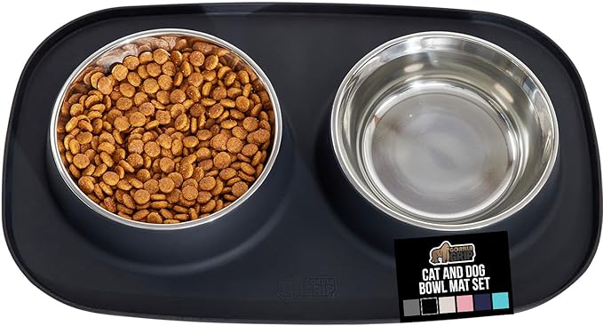 GORILLA GRIP Feeding Mat Set, Patent Pending 100% Waterproof BPA Free Silicone, Stainless Steel Cat and Dog Bowls, Slip Resistant, High Edges Catch Water Food, US Designed Pet Accessories, 2 Cup Black