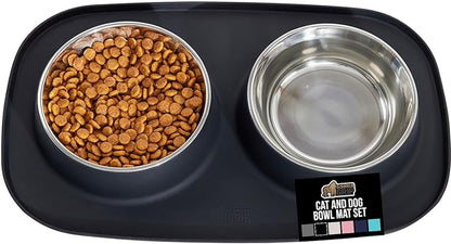 GORILLA GRIP Feeding Mat Set, 3 Cup, Patent Pending 100% Waterproof BPA Free Silicone, Stainless Steel Cat and Dog Bowls, Slip Resistant, High Edges Catch Water Food, US Designed Pet Accessories Black