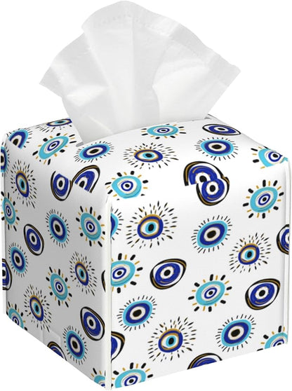POIUBLE Evil Eye Tissue Box Cover Leather Tissue Box Holder Square Facial Paper Organizer Dispenser for Bathroom Kitchen Bedroom Vanity Countertop Night Stands