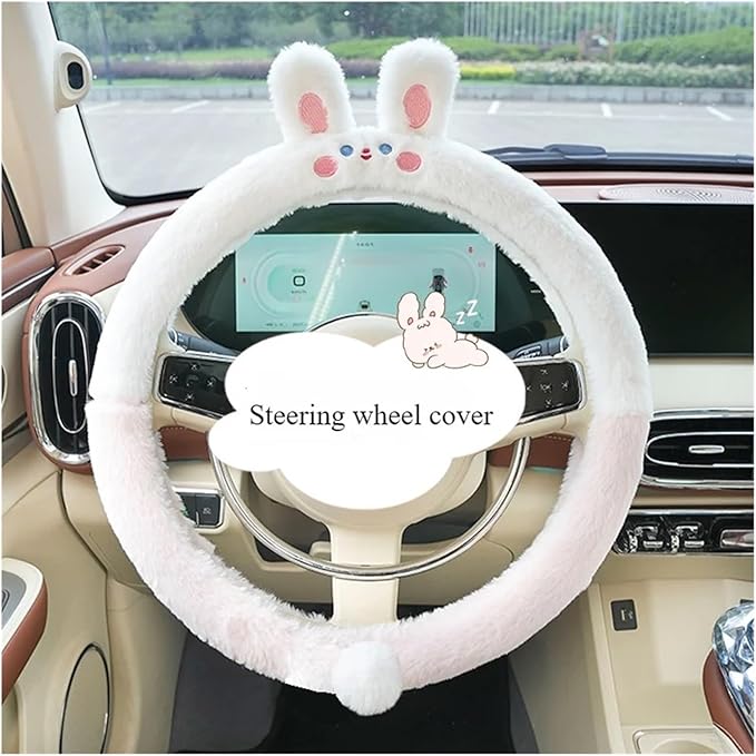 Cute Winter Plush Steering Wheel Cover - Non-Slip Warm Handlebars Decoration for Cars(Plush rabbit rong)