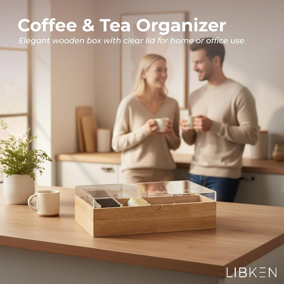 Wooden Tea Bag Organizer Box – 8 Compartment Tea Storage with Clear Lid – Minimalist Scandinavian Design – Versatile Wooden Tea Box for Tea Bags, Jewelry, Crafts, Office & Countertop Storage