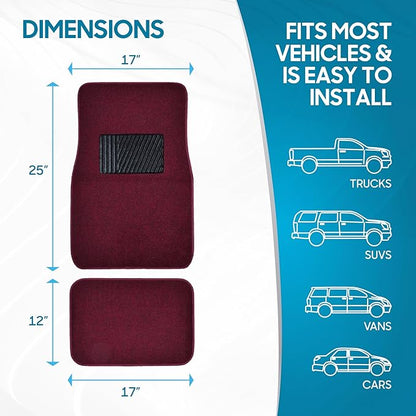 BDK Premium Burgundy Carpet Floor Mats for Cars - Universal Fit Interior 4-Piece Car Mats Full Set with Vinyl Heel Pad Protector - Cute Car Accessories Interior Floor Covers for SUVs & Trucks