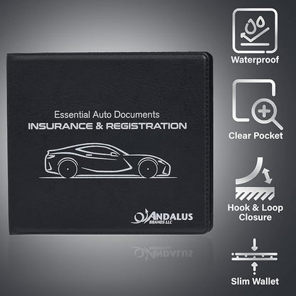 Andalus Auto Registration & Insurance Card Holder Pack of 2, Waterproof Essential Car Registration Holder with Hook & Loop Closure, Perfect for Every Vehicles Glove Boxes (Black - 5 1/8" x 4 5/8")