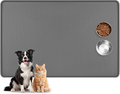 Lorvain Dog Food Mat, 45" x 30" Silicone Pet Feeding Mat with Raised Edges, Extra Large Pet Placemat for Dog Cat Food and Water Bowl Non-Slip, Easy to Clean, Waterproof & Floor Protection, Dark Grey