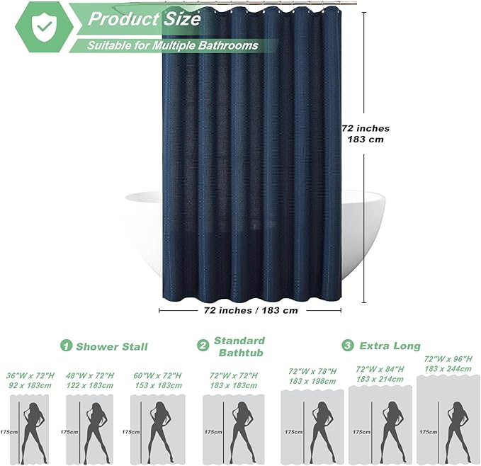 meioro Navy Blue Shower Curtain, Waffle Weave 256GSM Heavy Duty Textured Fabric Shower Curtains for Bathroom Hotel Spa, Luxury Weighted Polyester Cloth Bath Curtain Set with 12 Hooks, 72Wx84H