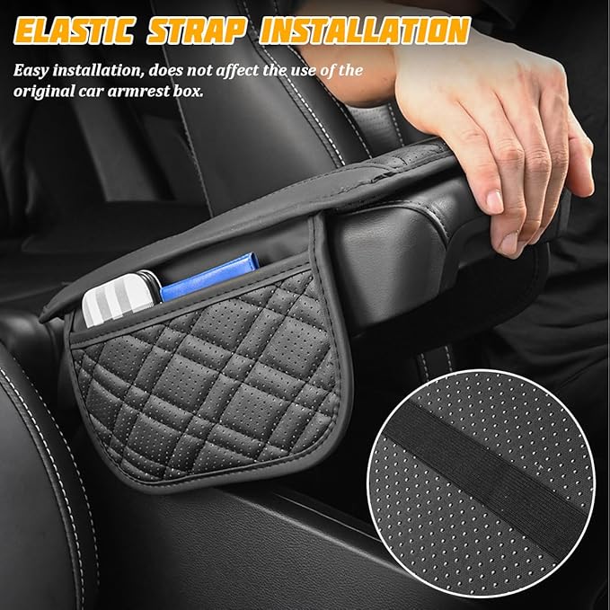 Car Center Console Cover, Leather Vehicle Armrest Cushion Pad with 2 Storage Bags, Comfortbale Automotive Interior Middle Seat Box Protector Accessories, Universal Fit (Beige)