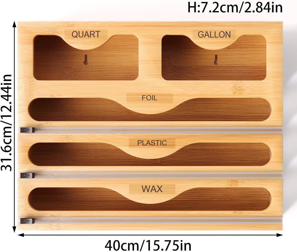 Foil Dispenser – Wood 40x31.6x7.2cm | Wrap Organizer With Cutter | Roll Organizer Holder For Aluminum F-oil - Large-Capacity Aluminum Foil Wax Wrap Holder | 5-in-1 Multifunctional Kitchen Or-ganizer