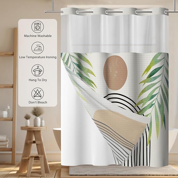 GICDSU No Hook Shower Curtain with Snap in Liner, Waffle Shower Curtain Set for Bathroom, Mid Century Style with Semi-Sheer Top Window, Waterproof & Washable, 71" W x 75" L