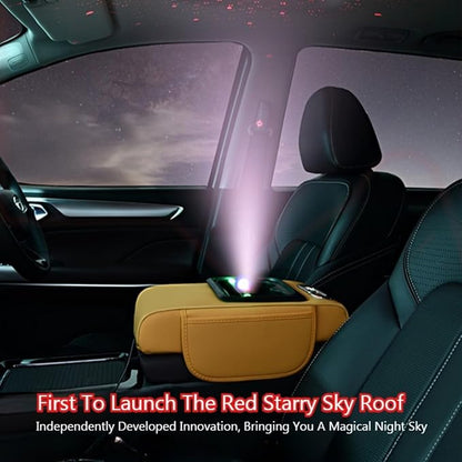 Car Armrest Pad Cover with Red Starry Sky LED Projection, Dual Type-C Charging Ports, Leather Car Center Console Cushion with Cup Holder, Tissue Holder (Red Starry Sky LED Projection, Gray)