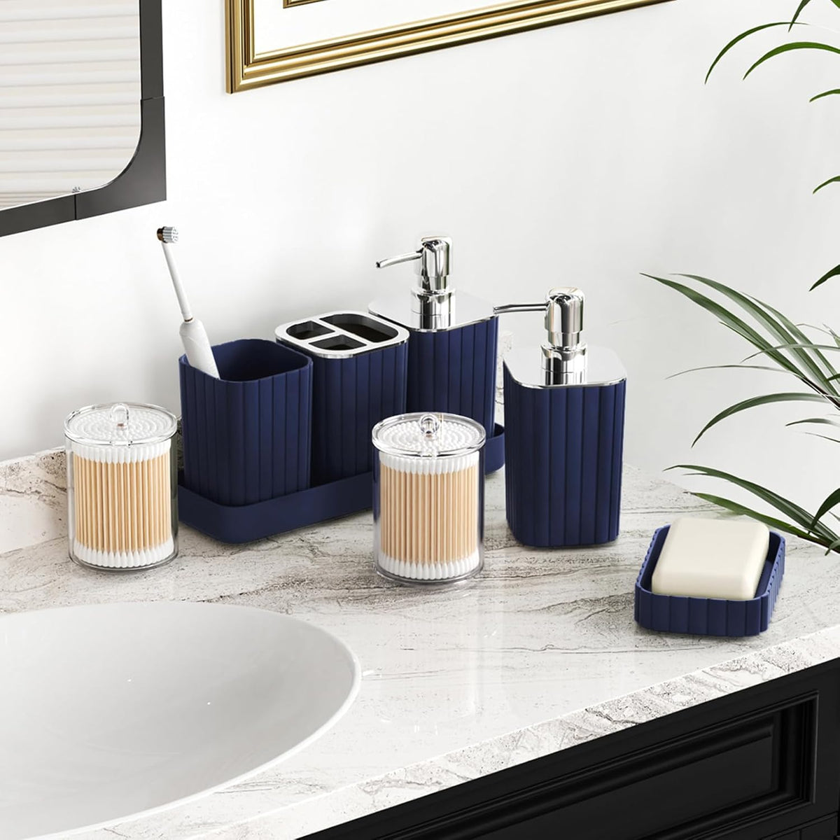 Navy Blue Bathroom Accessories Set - Gorgeous Bathroom Set, 10PC Bathroom Accessory Set, Toilet Brush, Trash Can, Qtip Holder Dispenser & Soap Dispenser