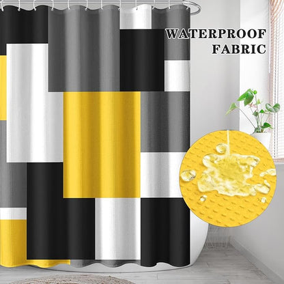 Culudea Geometric Yellow White Shower Curtain Set, Black and Gray Modern Bathroom Window Waterproof Shower Curtain Set for Bathroom Decor