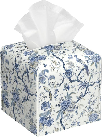 POIUBLE Blue Flower and Bird Tissue Box Cover Leather Tissue Box Holder Square Facial Paper Organizer Dispenser for Bathroom Kitchen Bedroom Vanity Countertop Night Stands