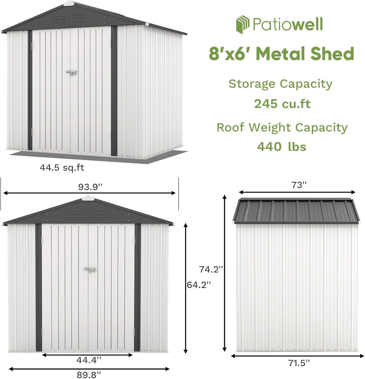Patiowell Outdoor Storage Shed 8x6 FT, Garden Tool Storage Shed with Sloping Roof and Double Lockable Door, Outdoor Shed for Backyard Garden Patio Lawn, White