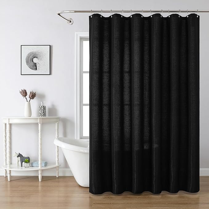 meioro Black Shower Curtain, Waffle Weave 256GSM Heavy Duty Textured Fabric Shower Curtains for Bathroom Hotel Spa, Luxury Weighted Polyester Cloth Bath Curtain Set with 12 Hooks, 72Wx96H