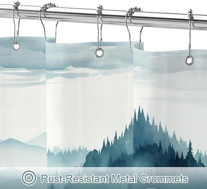 Litabel Peacock Blue Long Misty Pine Forest Shower Curtain 72 x 78, Mountain Foggy Woodland Scenery Tree 78 Inch Long Shower Curtains for Bathroom, Abstract Waterproof Nature-Themed Decor