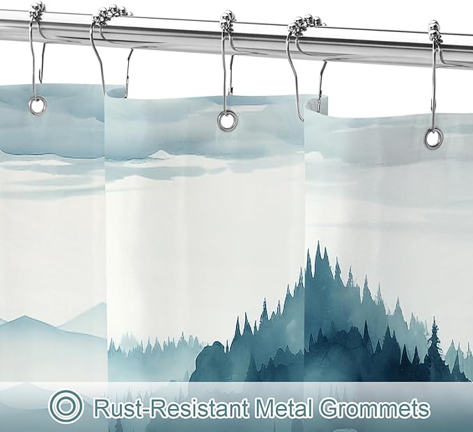 Litabel Peacock Blue Extra Long Misty Pine Forest Shower Curtain 72 x 84, XL Mountain Foggy Woodland Scenery Tree Shower Curtains for Bathroom, Abstract Waterproof Nature-Themed Decor