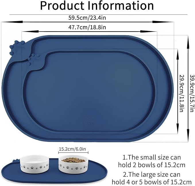 KPWACD Pet Placemat for Dog and Cat, Waterproof Silicone Dogs Feeding Bowl Mat Prevent Food and Water Overflow, High-Lips Puppy Dish Mats Suitable for Small Medium Big Pets, Navy, 24" * 16"