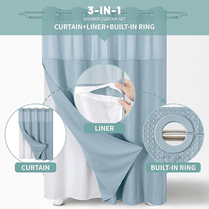 eachope Teal Long No Hook Waffle Weave Shower Curtain with snap-in Liner Replacement, 230GSM Waterproof Fabric Hotel Shower Curtain Set for Bathroom, Through Mesh Top Window,71Wx80H