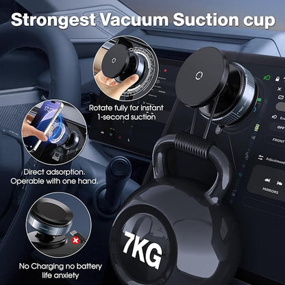 360° Rotatable Vacuum Magnetic Phone Holder, Adjustable Hands-Free Suction Cup Car Phone Mount for Car/Gym/Mirror/Smooth Surface, Compatible with iPhone Android and All Smartphones