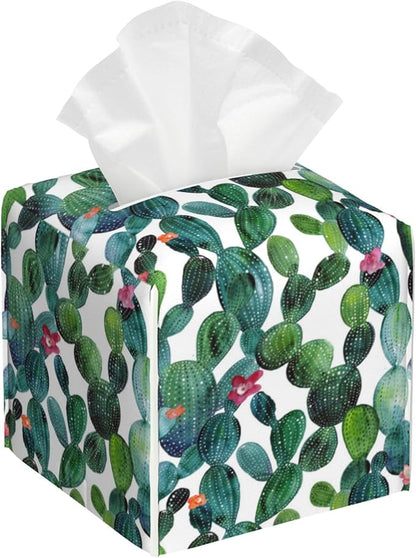 POIUBLE Leather Tissue Box Holder Watercolour Cactus Tissue Box Cover Square Waterproof Tissue Holder Organizer Modern Napkin Holder for Bedroom Dresser Night Stand Office Desk