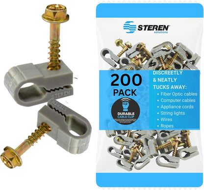 STEREN Coaxial Cable Clips - Cable Holder - Wire Clips - Siding Clips for Hanging - Cord Holder for Desk - Cable Clamps (Gray, 200 Count - Single Screw)