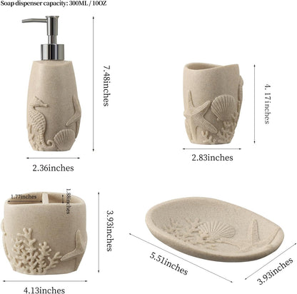 Bathroom Accessories Set, 4 PCS Bathroom Accessory Sets with Soap Dispenser, Toothbrush Holder, Tumbler, Soap Dish, Bathroom Countertop Organizer, Sea Bathroom Decor (Beige)