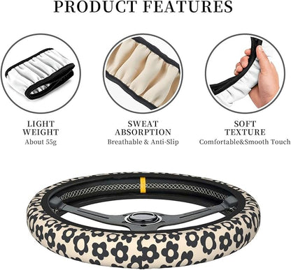 Flowers Vintage Groovy Steering Wheel Cover Universal 15 Inch Cute Car Accessories Protector for Women Men