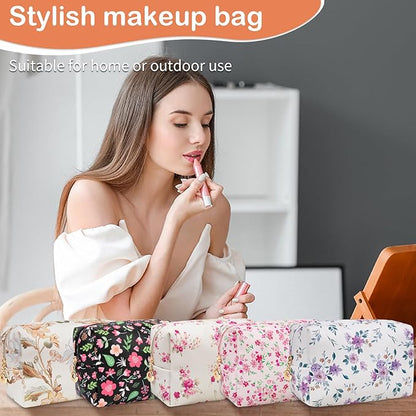 Floral Waterproof Makeup Bag, Leather Cosmetic Bag with Compartments, Zipper Make up Pouch Organizer, Portable Storage Travel Toiletry Bag Gifts for Women Girls(Black Flower)