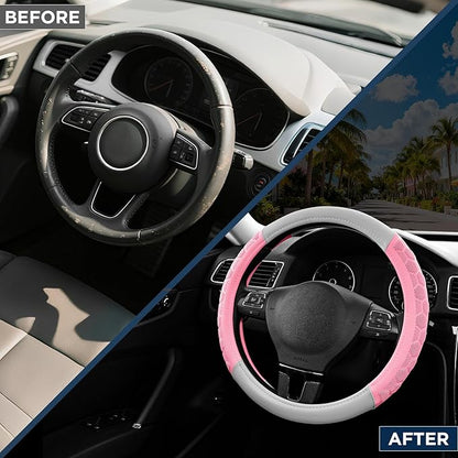 PIC AUTO Massage Steering Wheel Cover, Pink Football Pattern Material Spliced & Gray Leather Car Steering Wheel Cover, Car Steering Cover, Universal Fit 14.5"-15.5" for Cars, Trucks, Van, SUVs