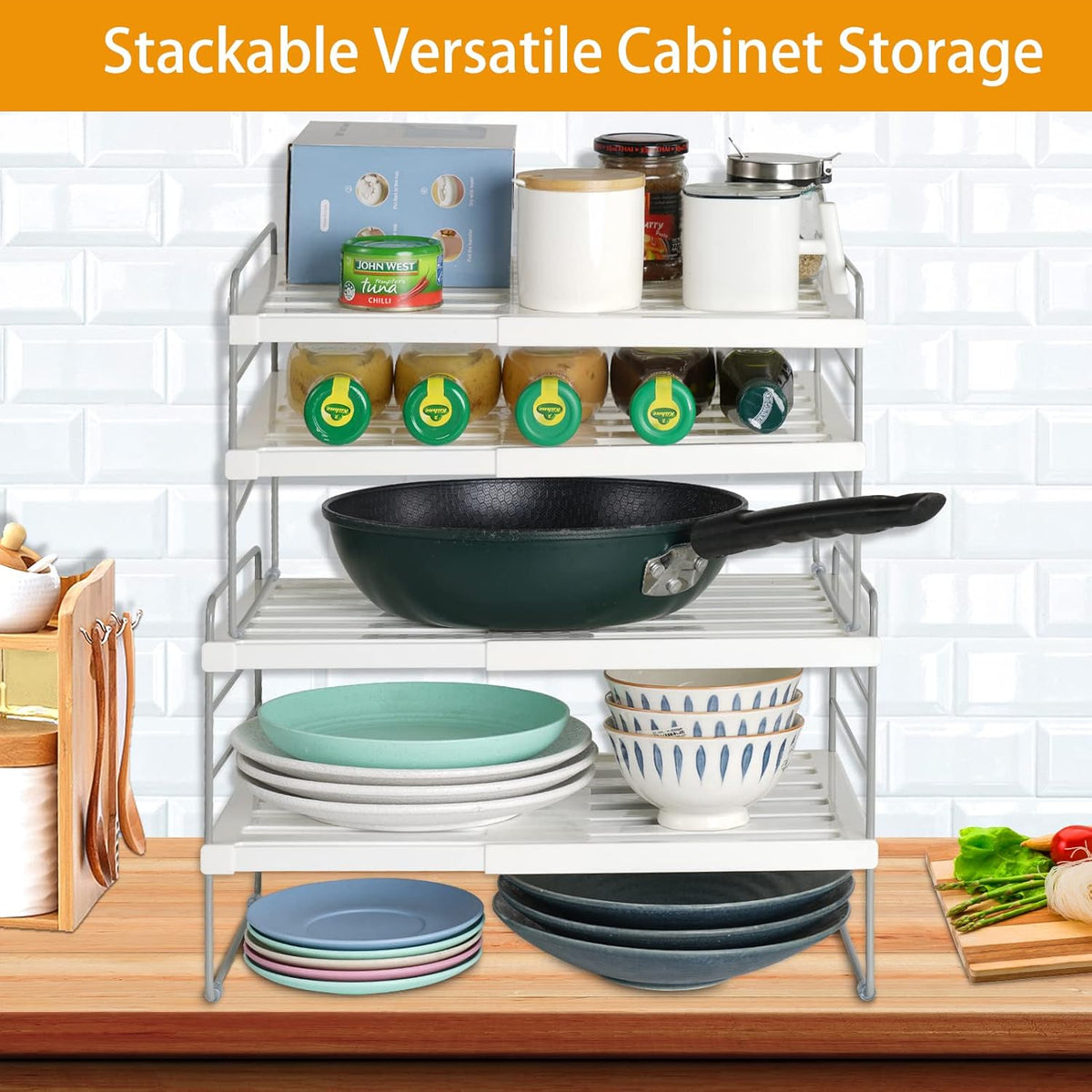2 Pack Pantry Organization and Storage, Expandable Foil and Plastic Wrap Organizer, Adjustable Kitchen Wrap Organizer Rack for Cabinet, Foil Saran Wrap Holder Shelf for Sandwich Plastic Bags Box,