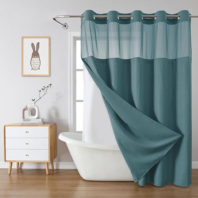 eachope SeawedGreen Extra Long No Hook Waffle Weave Shower Curtain with snap-in Liner Replacement, 230GSM Waterproof Fabric Hotel Shower Curtain Set for Bathroom, Through Mesh Top Window,71Wx86H
