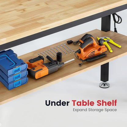 60 Inch Work Bench for Garage Adjustable Height Workbenches with Under Table Shelf Pegboard Pad Power Outlets Work Table for Woodworking, Home, Office, Workshop