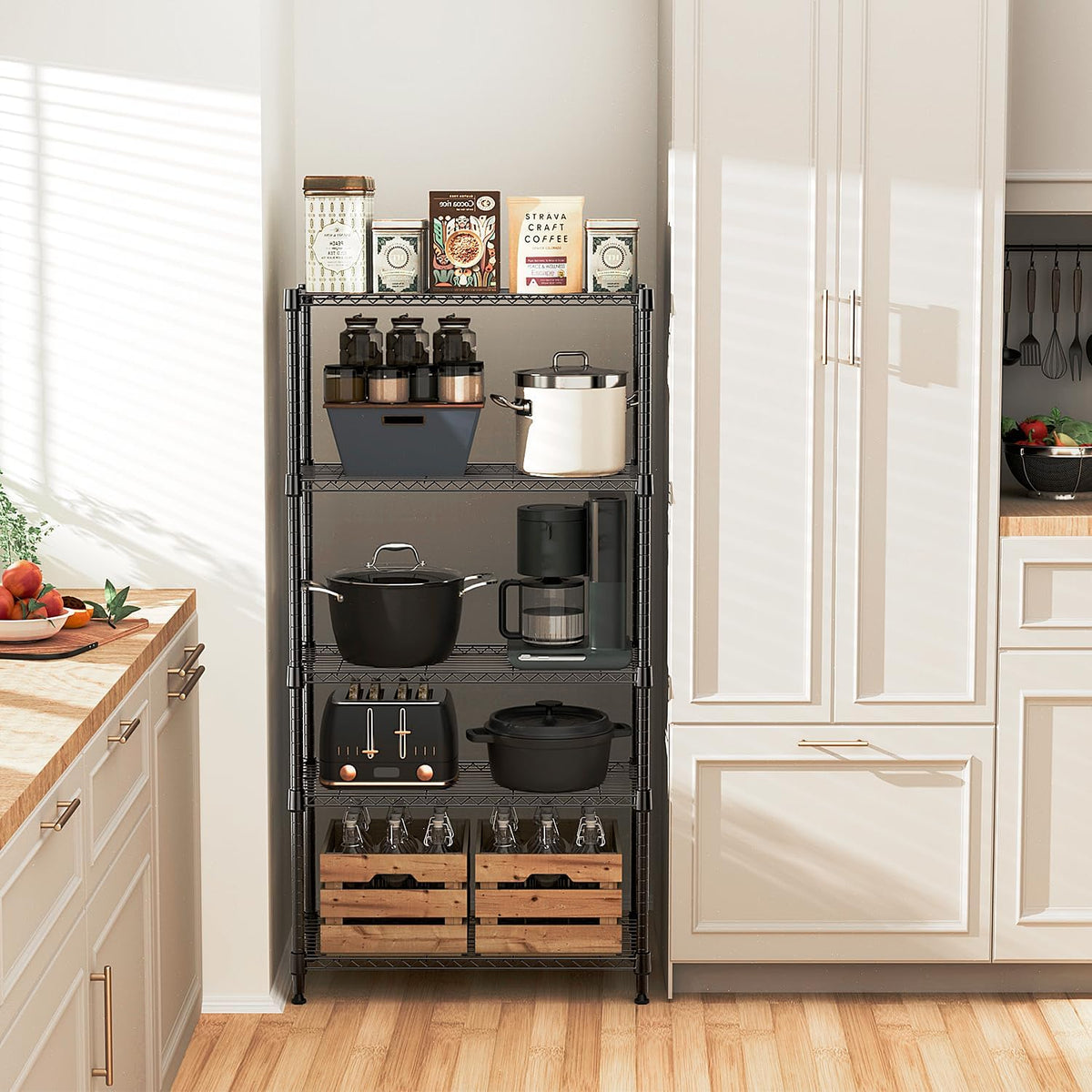 5 Tiers Shelf Metal Storage Shelves Standing 1750 LBs Household Shelf Organizer for Kitchen Pantry Closet Garage Basement Utility Room, Black15.7 D x 45.3" W x 70.4" H