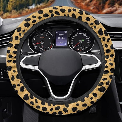 Universal Non-Slip Steering Wheel Cover, 15-inch Polyester Material Driving Accessories, Adjustable for Car and Truck(Classic Amber Leopard)
