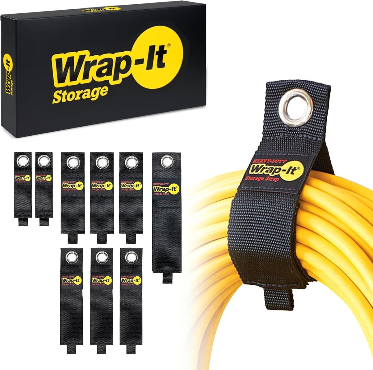 Heavy-Duty Wrap-It Storage Straps, Assorted 9 Pack - Hook and Loop Extension Cord Organizer Hanger, Cord Wrap Keeper, Cable Straps for Cords, Hoses, Rope, RV, Boat and Garage Storage and Organization