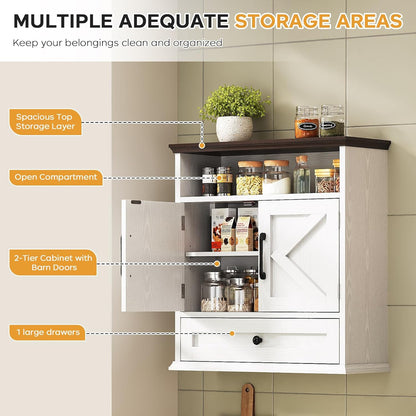 Bathroom Wall Cabinet, Wall Mounted Medicine Cabinet with Drawer, Barn Doors & Adjustable Shelf, 24.4"H x 23.6"W x 9"D White Over Toilet Farmhouse Storage Cabinet for Kitchen, Laundry Room, Entryway