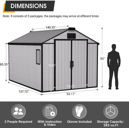 8 x 12 FT Resin Outdoor Storage Shed, All-Weather Plastic Garden Shed with Floor, Lockable Doors & Windows, Plastic Tool Shed for Poolside, Backyard, Patio