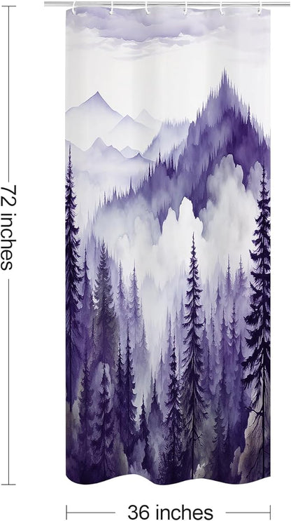 Litabel Purple Small Stall Misty Pine Forest Shower Curtain 36 x 72, Mountain Foggy Woodland Scenery Tree Narrow Half Size Shower Curtains for Bathroom, Abstract Waterproof Nature-Themed Decor