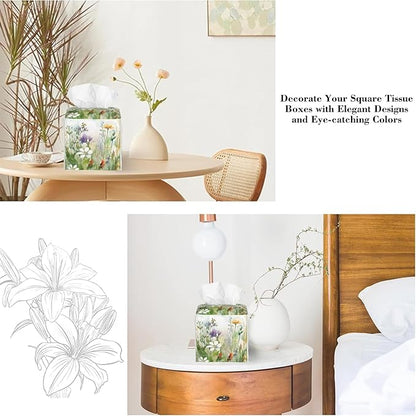 Watercolor Summer Flower Tissue Box Cover,Colorful Wildflower Floral Waterproof Leather Square Tissue Box Cover Case Facial Paper Organizer Dispenser Box Holder for Home Office Bathroom Vanity