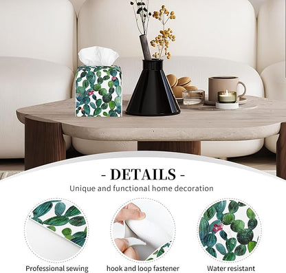 POIUBLE Leather Tissue Box Holder Watercolour Cactus Tissue Box Cover Square Waterproof Tissue Holder Organizer Modern Napkin Holder for Bedroom Dresser Night Stand Office Desk