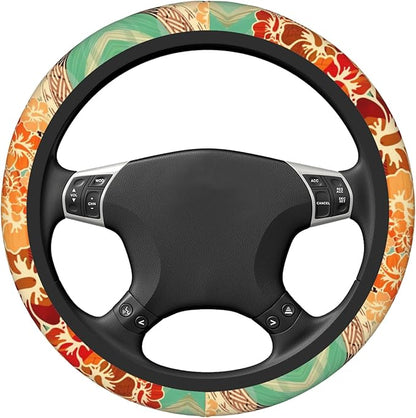 Hawaiian Island Tropical Car Steering Wheel Cover for Women Men 14-15 Inch Stretch Cloth Anti-Slip Wrap Protector Case Fit Universal Auto Accessories Decor Sweat Absorption