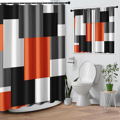 Culudea Geometric Orange White Shower Curtain Set, Black and Gray Modern Bathroom Window Waterproof Shower Curtain Set for Bathroom Decor