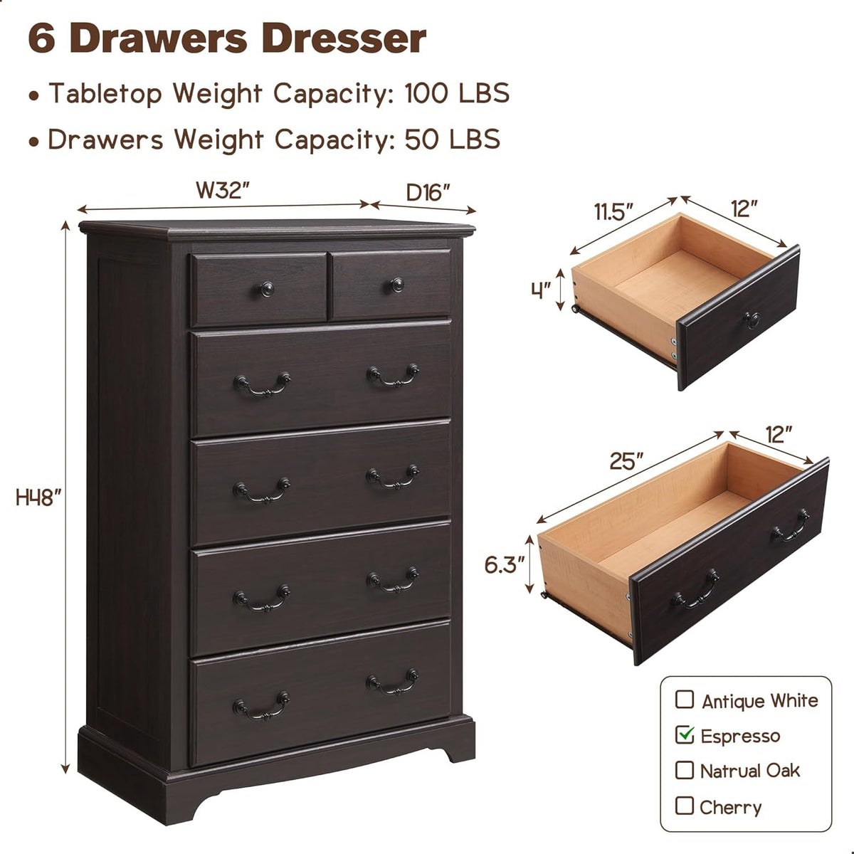 T4TREAM 6 Drawers Dresser Chests for Bedroom, 48" Tall Rustic Chset of Drawers, Wood Dressers Organizer for Bedroom, Living Room,Hallway, Espresso