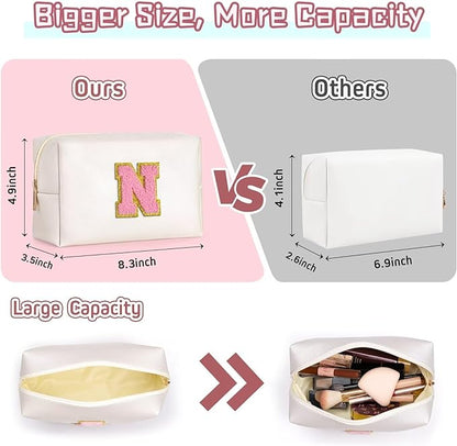 TOPEAST Personalized Makeup Bag, Chenille Letter Pouch Cosmetic Bag w Zipper, PU Leather Waterproof Toiletry Bag, Bridal Shower Gifts for Bridesmaids, Cute Stuff for Girls (Pearly White P)