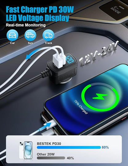 BESTEK Cigarette Lighter Splitter Adapter: 9 in 1 Car Charger 148W 3-Socket PD 30W and QC3.0 18W Charging Ports LED Display Super Fast Charger for 12V/24V red