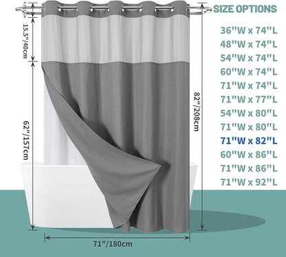 eachope Grey No Hook Waffle Weave Shower Curtain with snap-in Liner Replacement, 230GSM Waterproof Fabric Hotel Shower Curtain Set for Bathroom, Through Mesh Top Window,71Wx82H