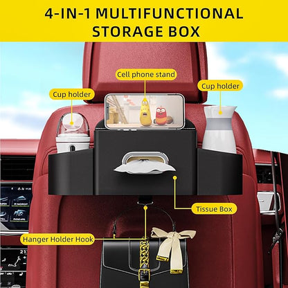Back Seat Car Organizer with one Towel Leather wood materials Car Back Seat Storage Box 2 Drink Cup Holder Tissue Box for Hold Phone Drinks Handbag Compatible with Most Vehicles (Black)