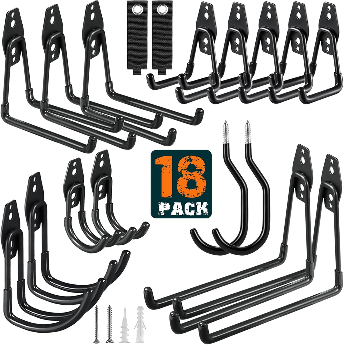 18 Pack Garage Hooks Heavy Duty Utility Steel with Anti-Slip Coating Wall Mount Storage Organizer for Hanging Power and Garden Tools, Ladders, Hose, Bikes, Ropes, Bulk Items, and More