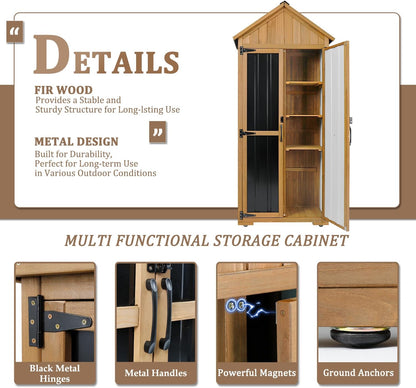 Outdoor Storage Cabinet Waterproof, Outdoor Storage Shed with Shelves, Wood & Metal Patio Backyard Garden Storage Cabinet Tool Organizer for Outside